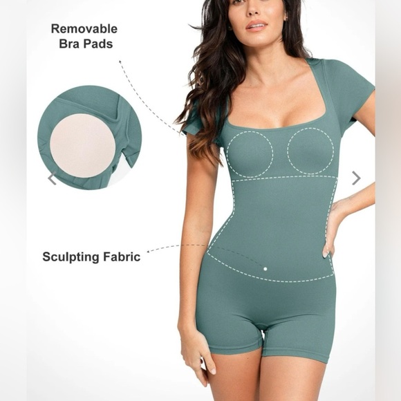 POPILUSH Shapewear Seamless Rib Square Neck Cap Sleeve Romper - Picture 3 of 7